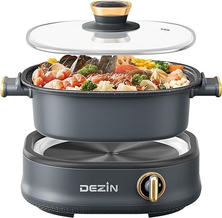 Dezin Electric Shabu Shabu Pot with Removable Pot, 3L Non-Stick Hot Pot Electric with Dual-Power Control, Electric Pot with Tempered Glass Lid for Party, Family and Friend Gathering