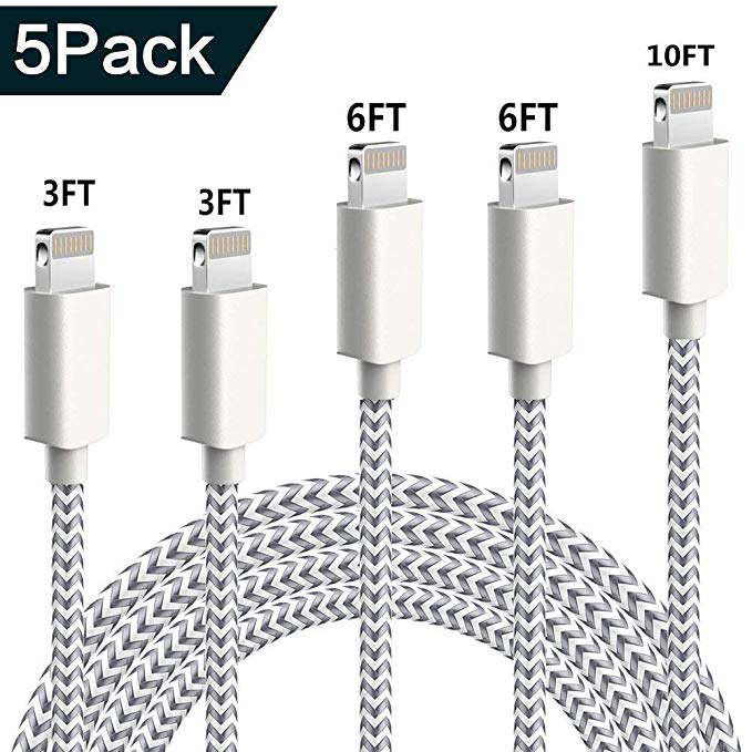 Phone Charger,5 Pack [3/3/6/6/10 FT] Extra Long Nylon Braided USB Charging & Syncing Cord Compatible iPhone Xs/XR/XS Max/X/7/7Plus/8/8Plus/6S/6S Plus/5se/5s/5c/5 More (Silver&Grey)