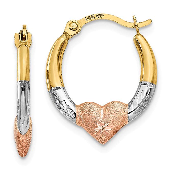 2 mm Heart Hoop Earrings in Genuine 14k Tri-Color Gold - 14 to 25mm