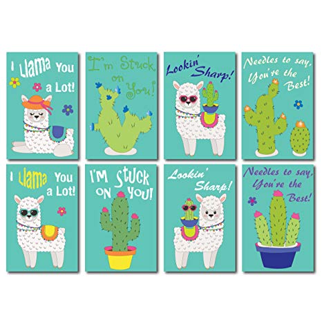 Llama and Cactus Boho Buddies Valentine Variety Pack of 16 Postcards with Envelopes
