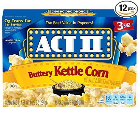 ACT II Buttery Kettle Corn Microwave Popcorn, 3-Count, 2.75-oz. Bags (Pack of 12)
