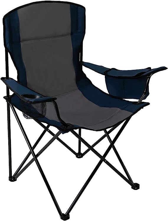Pacific Pass Full Back Quad Chair for Outdoor and Camping with Cooler and Cup Holder, Carry Bag Included, Supports 300lbs, Middle, Blue/Gray