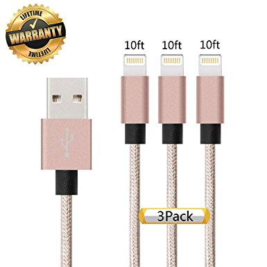 iPhone Cable 3Pack 10FT, GUIGUI Extra Long Nylon Braided Charging Cord Lightning Cable to USB Charger for iPhone 7, 7 Plus, 6S, 6, SE, 5S, 5, iPad, iPod Nano 7 - Rose Gold