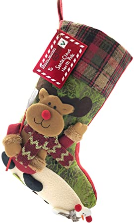 ETERAMUS 21 inch Plaid Christmas Stockings Deer, Bear, Animal One Piece, Felt Large Plush 3D Reindeer Snowman Design Hanging Stocking for Girls Boys Xmas Tree Mantel Party Decor (Green)