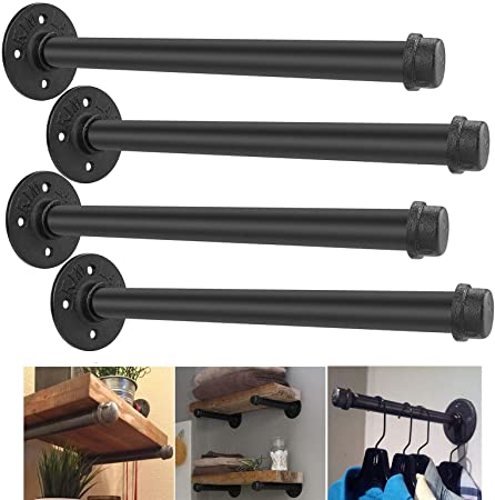 Rustic Pipe Decor Industrial Shelf Brackets – Set of 4, Industrial Steel Grey Fittings, Flanges, Pipes for Custom Floating Shelves, Vintage Furniture Decorations, Wall Mounted DIY Bracket (8 Inch)