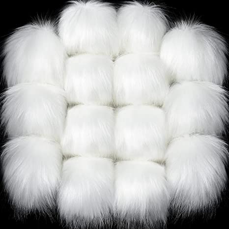 14 Pieces 4 Inch DIY Faux Fur Fluffy Pompom Balls with Elastic Loop Removable Knitting Hat Accessories for Hats Shoes Scarves Bags Keychains (White)