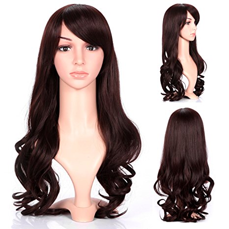 Dreamlover Women's Wigs, Long Curly Dark Brown Side Bangs, with Wig Cap as a gift