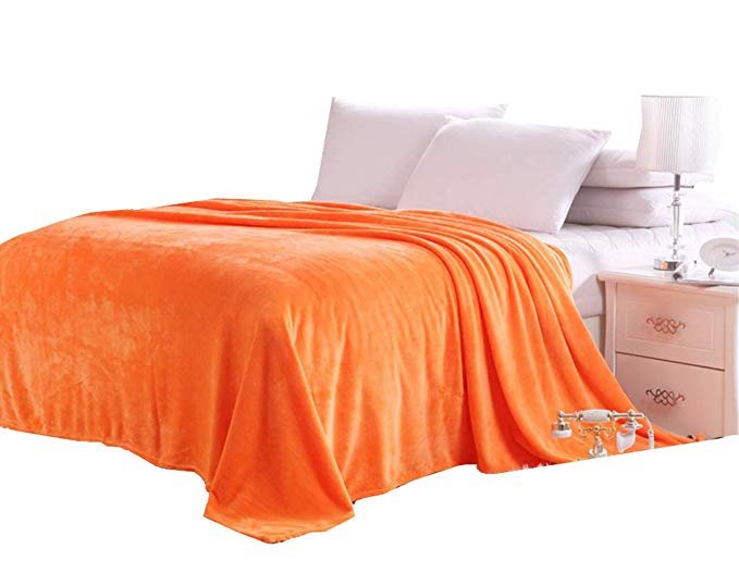 Solid Flannel Plush Throw Blankets, Bed Blanket Twin Full Queen Size (Twin, Orange)