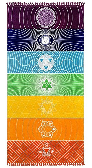 Poshfeel Single Yoga Towels with Tassels Rainbow Chakra Tapestry Stripes Yoga Mats Beach Towel