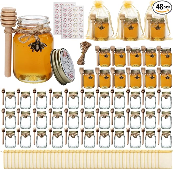 Woaiwo-q Mini Honey jars-2 oz, 48 pcs glass honey jars with wooden dipper, gold cover, bee pendant,Gold Gift Bags,Jute Twine, Thank-You Tags, Glass Honey jars with lids-Bulk Thank You Gifts ,Baby Shower, Wedding Favors,Honey Jars Party Favor