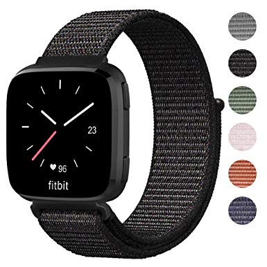 Fitbit Versa Bands, Shangpule Replacement Woven Nylon Sport Watch Band Breathable Bracelet Strap Hook and Loop Fastener Adjustable Closure Wristbands for Fitbit Versa Smart Watch (Black)