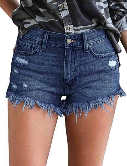 Women Denim Hot Shorts Casual Summer Mid Waist Short Pants Frayed Raw Hem Ripped Denim Jean with Pockets