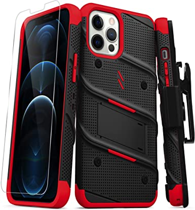 ZIZO Bolt Series for iPhone 12 Pro Max Case with Screen Protector Kickstand Holster Lanyard - Black & Red