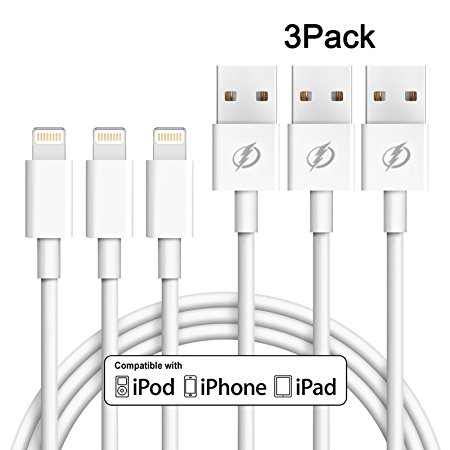 3 Packs iPhone Charger Cable 3 Feet 1M Lightning 8pin to USB Charge and Data Cord for iPhone SE / 5 / 5s / 6 / 6s / 6s Plus/ 7 / 7 Plus / 8 / X / iPad Mini/ Air/ Pro White