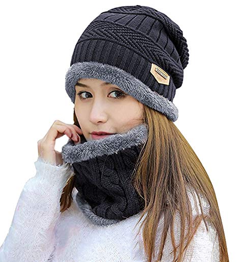 Winter Beanie Hat Scarf Gloves Slouchy Snow Knit Skull Cap Infinity Scarves Touch Screen Mittens for Women