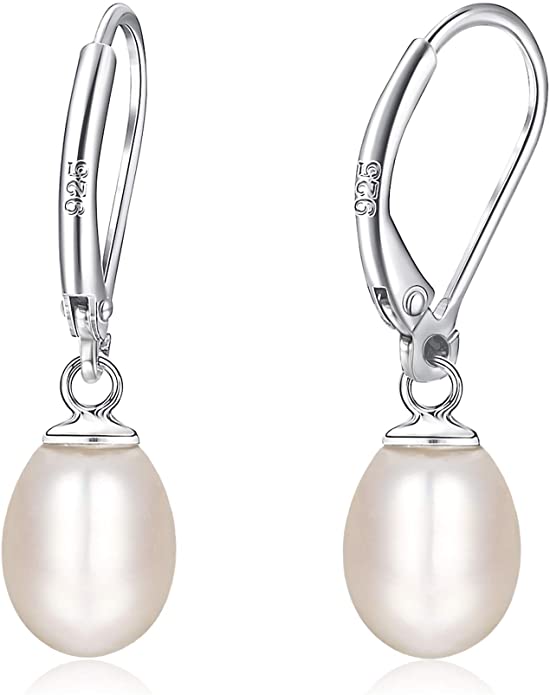 Milacolato 925 Sterling Silver Pearl Dangle Earrings Genuine Freshwater Cultured Drop Pearl Lever-back Earrings - AAAA Quality