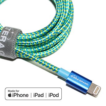 Tera Grand - Apple MFi Certified - Lightning to USB Braided Cable with Aluminum Housing, 7 Feet Blue/Green iPhone X 8 8 Plus 7 7 Plus 6 6s Plus 5s 5c SE iPad Pro Air Mini iPod