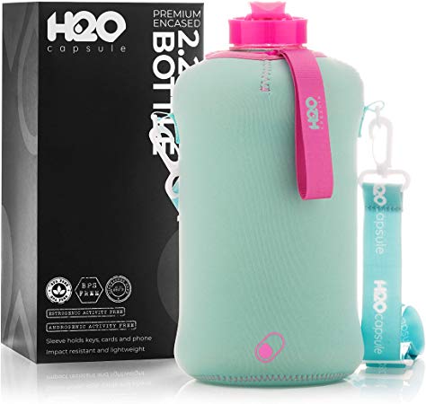 H2O Capsule 2.2L Half Gallon Water Bottle with Insulated Storage Sleeve – Tritan BPA Free Large Water Bottle/2.2 Liter (74 Ounce) Big Sports Bottle Jug with Handle