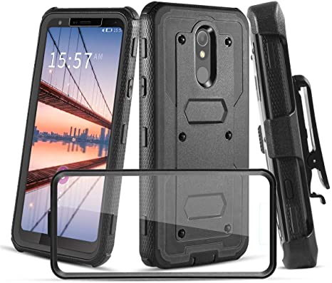 Compatible with Stylo 5 Case,Stylo 5  Plus,Stylo 5V Case W Built-in Screen Protector Swivel Combo Holster Belt Clip [Kickstand] Heavy Duty Shockproof Hard PC Back & Soft TPU Inner Armor,Black