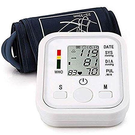 Automatic Arm Blood Pressure Monitor Voice Broadcast High Blood Pressure Monitors Portable LCD Screen Irregular Heartbeat Monitor with Adjustable Cuff and Storage Bag Powered by Battery -White