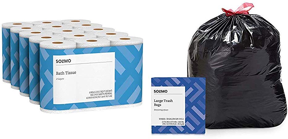 Solimo 2-Ply Toilet Paper, 350-sheets per Roll, 30 Rolls Bath Tissue & Amazon Brand - Solimo Multipurpose Drawstring Trash Bags, 30 Gallon, 50 Count