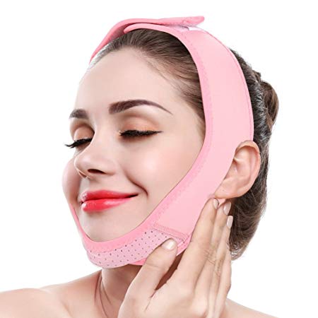 Facial Lifting Slimming Belt, V Line Mask Neck Compression Double Chin Strap Weight Loss Belts Skin Care Chin Lifting Firming Wrap(Pink)