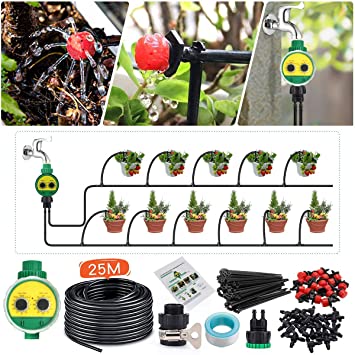 KINGSO Drip Irrigation Kit with Timer 82ft/25M Irrigation System with Timer and 20 Adjustable Dripper Automatic Plant Garden Hose Watering System for Garden Greenhouse, Flower Bed, Patio, Lawn