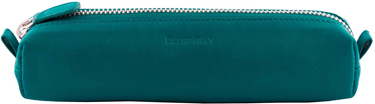 DiLoro Leather Zippered Fountain Ballpoint Rollerball Pens and Pencils Case Holder Pouch Genuine Full Grain Soft Nappa Leather (Turquoise Green)