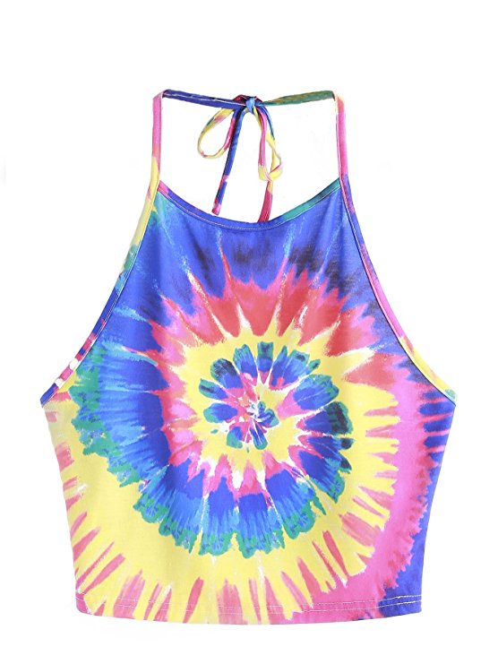 ROMWE Women's sexy Spiral Tie Dye Multicolor Print backless Tie Halter Top