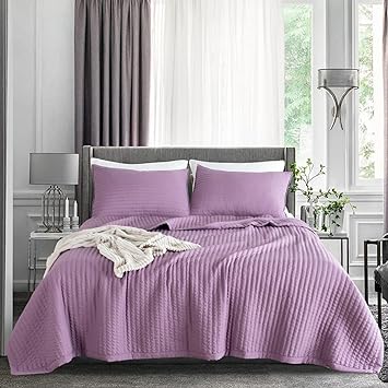 KASENTEX Quilt Mini Set-Stone Washed-Super Soft Bedspread-Light Weight-White Down Alternative Microfiber Fill-Machine Washable-Solid Colors, Full/Queen  2 Shams, Grape Jam Purple