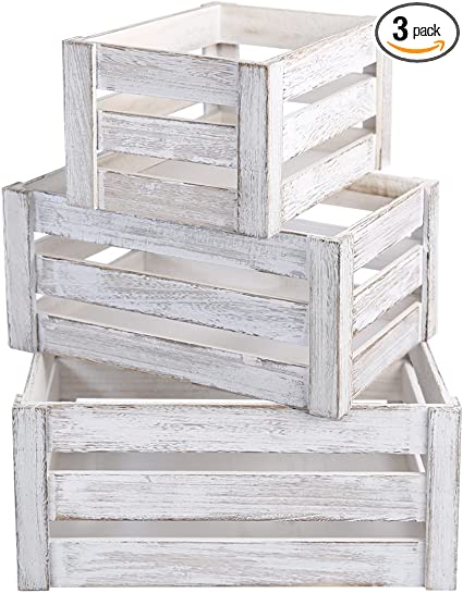 Besmall Set of 3 Nesting Wooden Crates, Decorative Vintage Wooden Storage Crates, Wood Boxes Rustic Farmhouse Style for Storage and Display – Decorative Wooden Crates for Home (White)