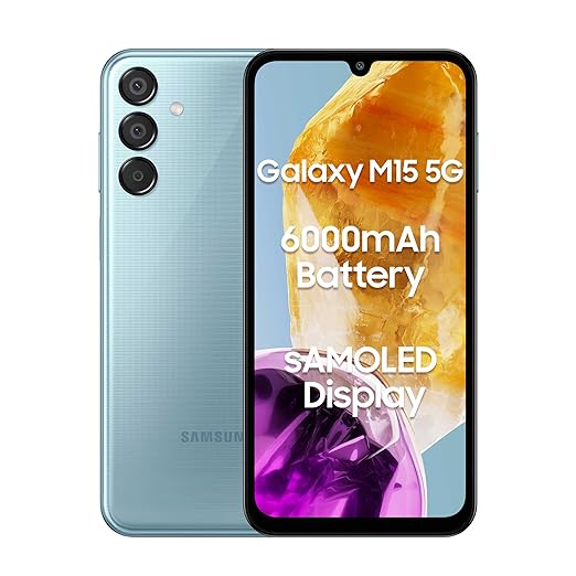 Samsung Galaxy M15 5G (Celestial Blue,6GB RAM,128GB Storage)| 50MP Triple Cam| 6000mAh Battery| MediaTek Dimensity 6100 |Super AMOLED Display| Add to Cart and Get Travel Adapter at No Cost