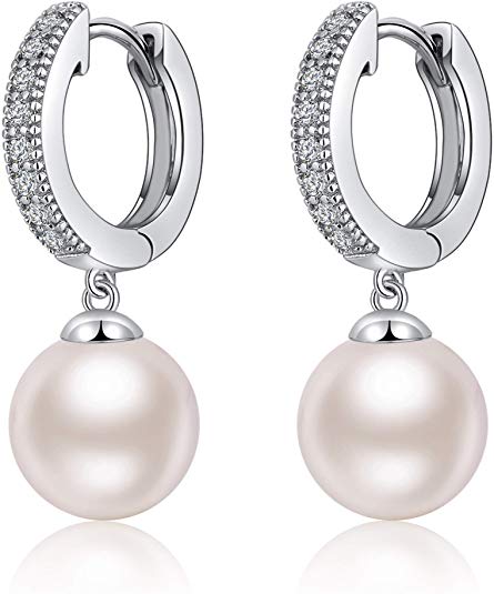 jiamiaoi 925 Sterling Silver Natural Freshwater Pearls Earrings for Ladies, Perfect Gift for Valentines Day (8mm-10mm)