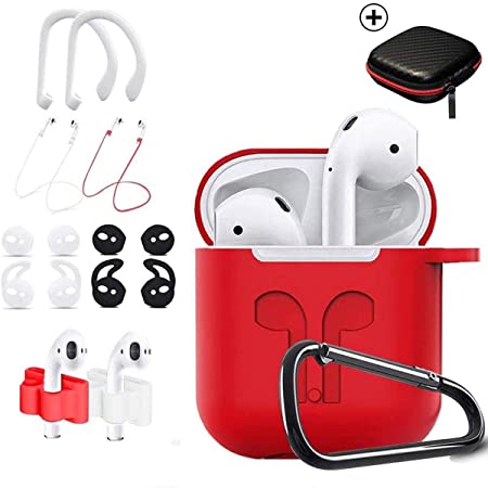 TOLUOHU AirPods Case, 12 in 1 Silicone AirPods 1&2 Accessories Set Protective Cover, Skin for Apple AirPods Charging Case, Watch Band/Airpods Tips/Strap/Holder/Ear Hooks/Keychain/Carrying Box(Red)