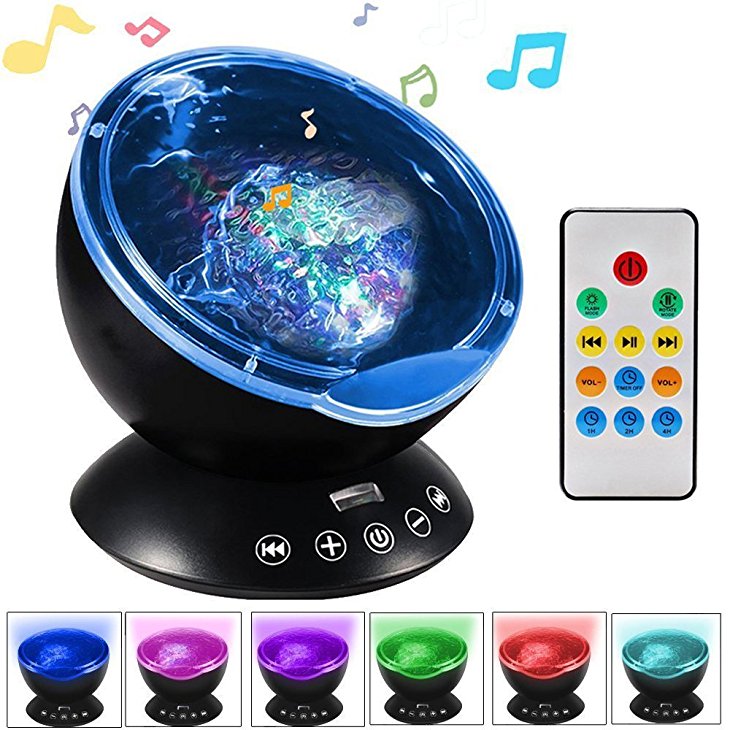 KBAYBO Remote Control Ocean Wave Projector 12 LED &7 Colors Night Light with Built-in Mini Music Player for Living Room and Bedroom (Black)