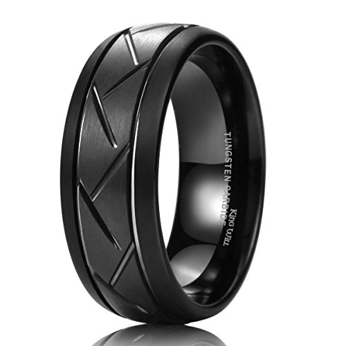 King Will Men's 8mm Black Domed Tungsten Carbide Ring Matte Finish Groove Design Wedding Bands