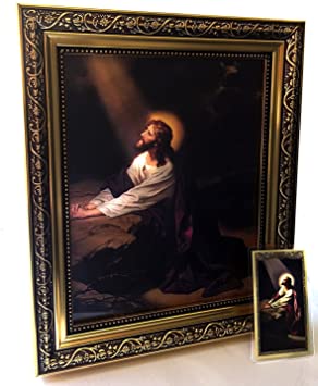 Elysian Gift Shop Gethsemane, Jesus Christ in The Garden 8" x 10" Framed Art Print-Wall Plaque- in Ornate Gold Finish Frame with Prayer Card Included