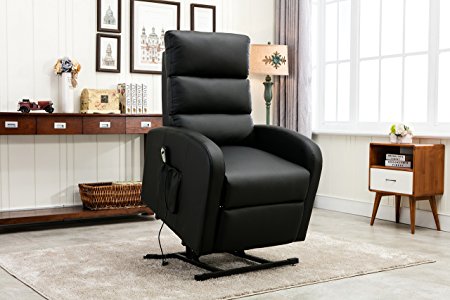 Divano Roma Furniture - Classic Plush Bonded Leather Power Lift Recliner Living Room Chair (Black)