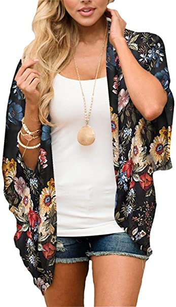 BB&KK Women's Floral Kimono Cardigans Chiffon Casual Loose Open Front Cover Ups Tops