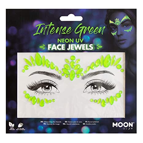 Neon UV Face Jewels by Moon Glow - Festival Face Body Gems, Crystal Make up Eye Glitter Stickers, Temporary Tattoo Jewels (Intense Green)