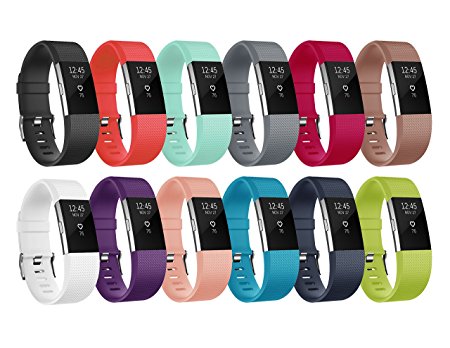 Fitbit Charge 2 Bands, Soulen Soft Accessory Replacement Wristband Strap Classic Large Small Band Available in Varied Colors with Secure Metal Clasp for Fitbit Charge 2 (12-Pack)