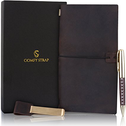 Refillable Leather Journal - Travel Diary For Men & Women - LUXURY Gift Set (7in1) - Handmade Journal, Gold Pen, Leather Pen holder, Bookmark Clip, Card Holder, Zipper Pocket and Gift Box