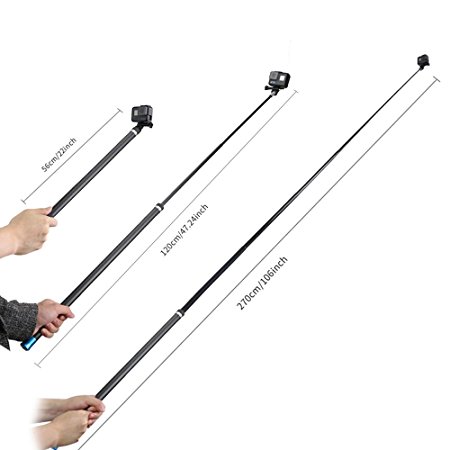 TELESIN Carbon Fiber Lightweight Selfie Stick Extendable at 3 Lengths 22" 47.2" 106", Ultra Long Selfie Pole Monopod for GoPro Hero 6 Hero 5 Black, Hero 4 3  3 2 1 Session Fusion Xiaomi Yi EKEN and Mo