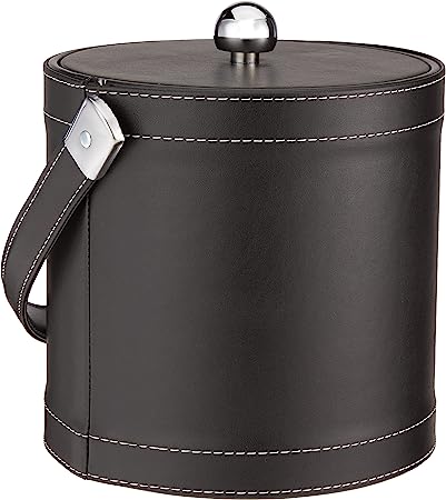 Kraftware Ice Bucket with Stitched Handle, Fabric Lid and Chrome Astro Ball Knob, Black - 3 Quart