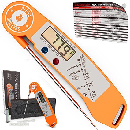 Instant Read BBQ Meat Thermometer For Grill And Cooking. Sold In Elegant Gift Box. Best Ultra Fast Digital Food Probe. Includes Internal Meat Temperature Guide. Spring Loaded. By Alpha Grillers