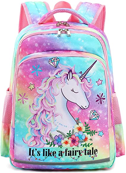 Kids Backpack Girls Preschool Backpack Kindergarten School BookBags with Chest clip (Rainbow unicorn)