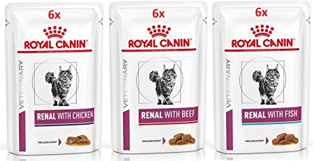 Royal Canin Veterinary Feline Renal Mix of 6x Fish 6x Chicken 6x Beef Cat Food each 85g (Pack of 18)