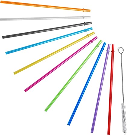 ALINK 10.5" Long Rainbow Colored Reusable Plastic Replacement Straws for Tervis, Yeti, Signature, Starbucks Tumblers, Set of 10 with Cleaning Brush