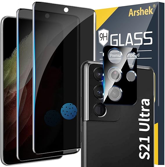 Arshek [2 1 Pack] Galaxy S21 Ultra Privacy Screen Protector, 9H Tempered Glass, Ultrasonic Fingerprint Support, 3D Curved, HD Clear Anti-Spy Film for Samsung S21 Ultra 5G Glass Screen Protector