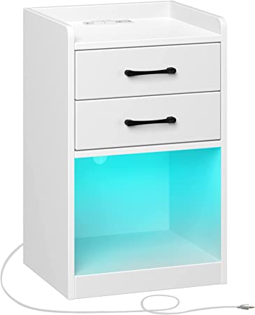 Rolanstar Nightstand -Tool Free Quick Install, End Table with Charging Station and LED Lights, Modern Bed Side Table with 2 Drawers, for Bedroom, White